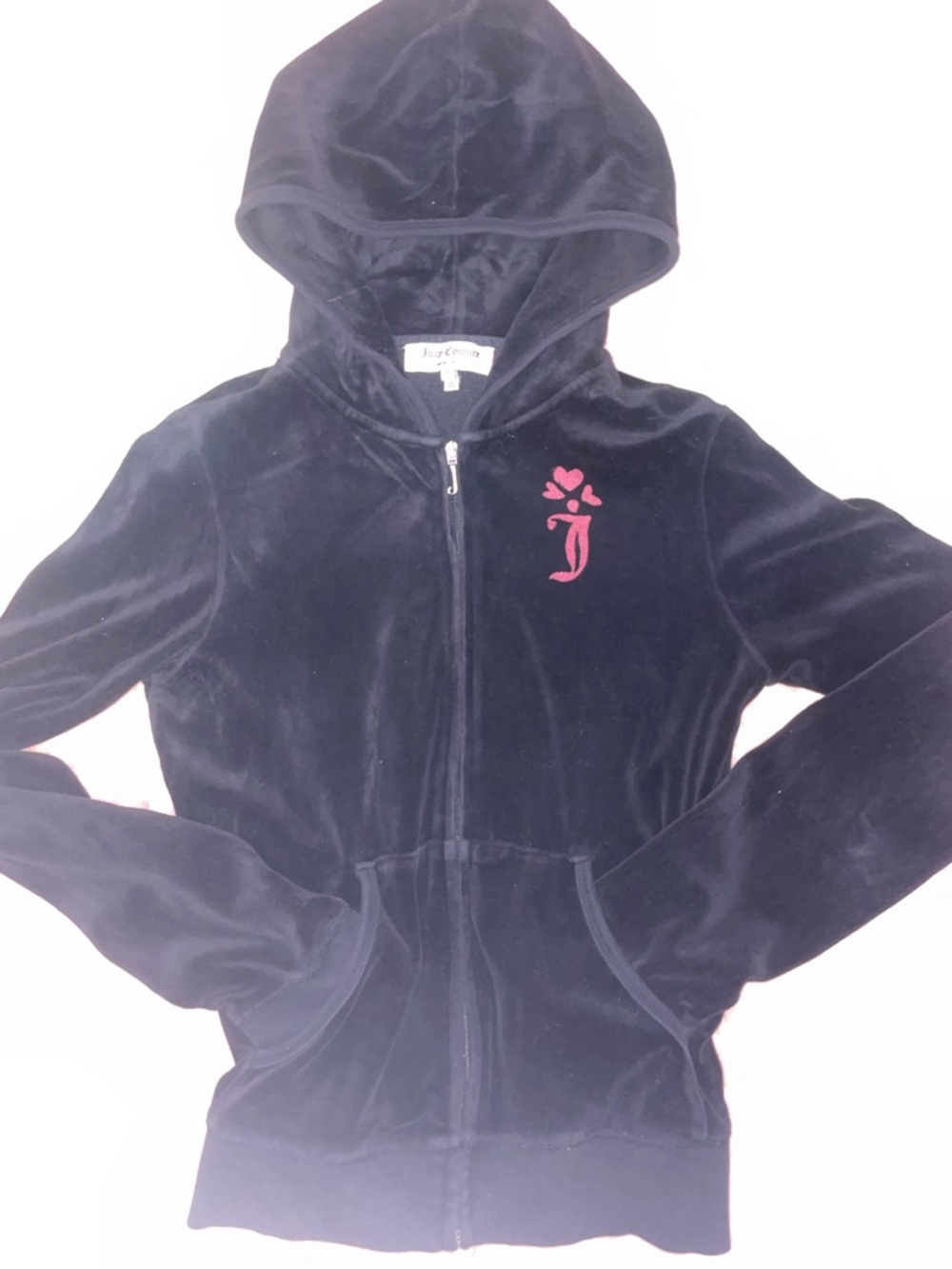 Juicy Couture Black Velour Zip Hoodie with Pink Logo Accent